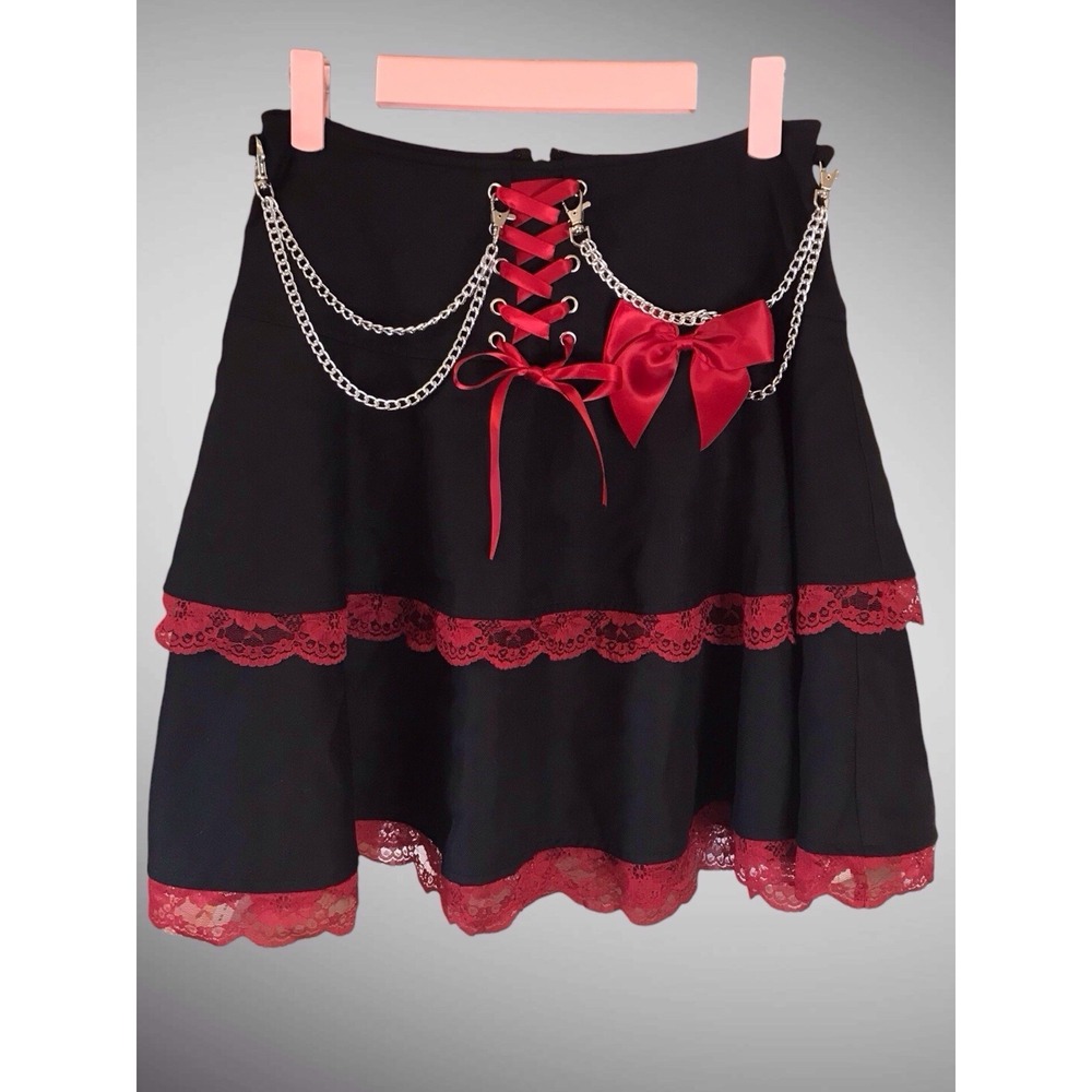 Social Collision Gothic Lolita Emo Skirt – Black & Red Lace Tiered Design Sz S